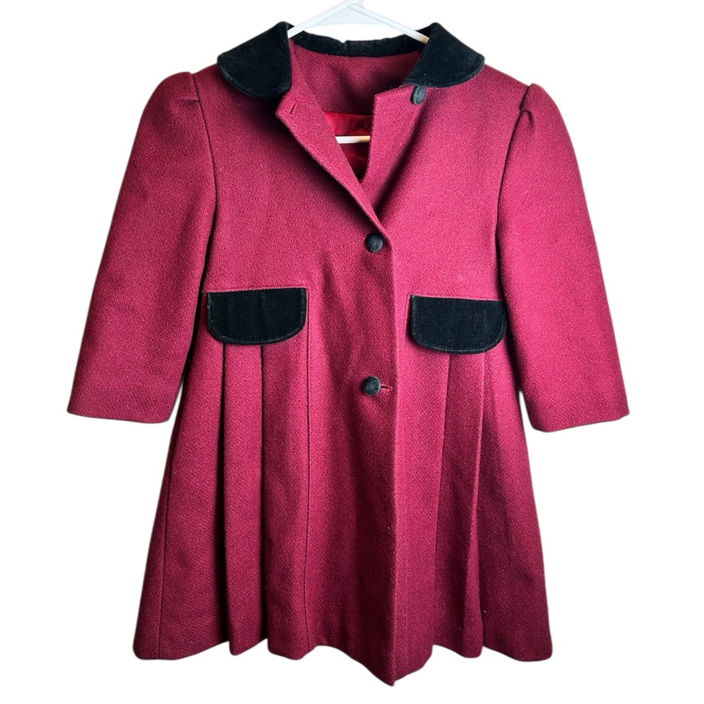 Vintage Girls Size4 Red Wool Coat Dress 70% Wool Freeway Fashions Velvet Holiday